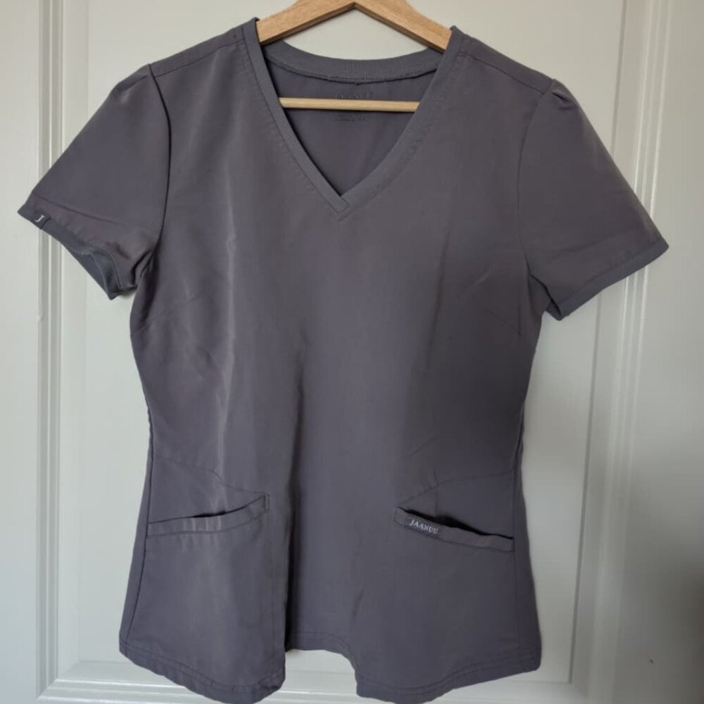 Jaanuu Grey Scrub Top / Sweetheart Neck, Three Pocket Top, S Regular